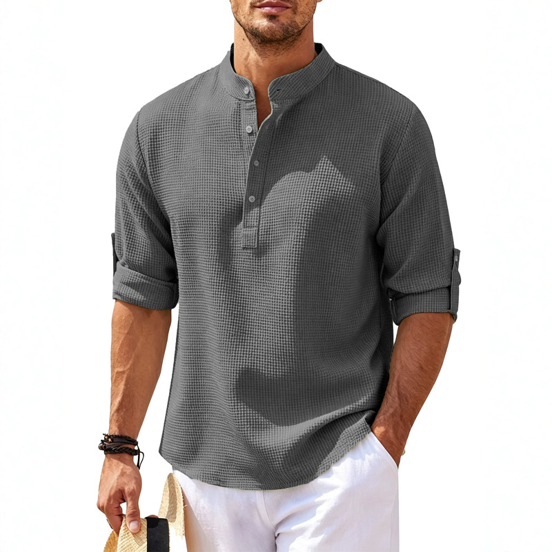 European and American Style Long-Sleeved Shirts for Men, Stand-Up Collar Half-Button Shirts, Waffle Plaid Shirts, Men's Casual Henley Shirts, Tops