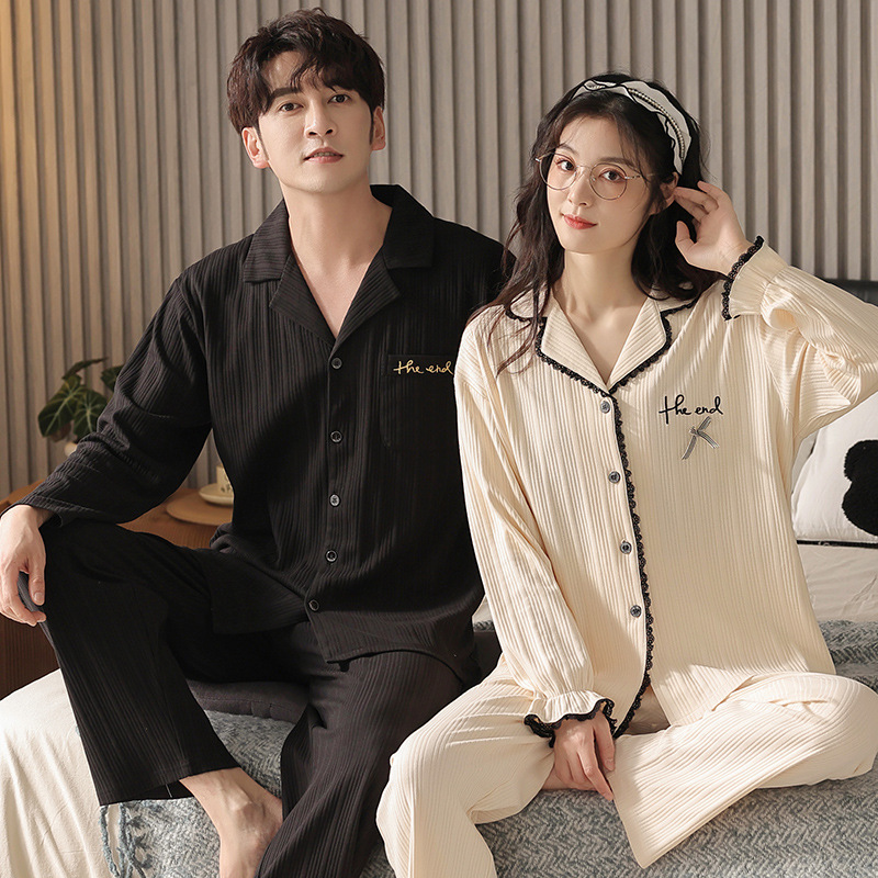 Spring and Autumn Couple Pajamas Pure Cotton Long-Sleeved One Man and One Woman New Cardigan Autumn and Winter Home Wear Set