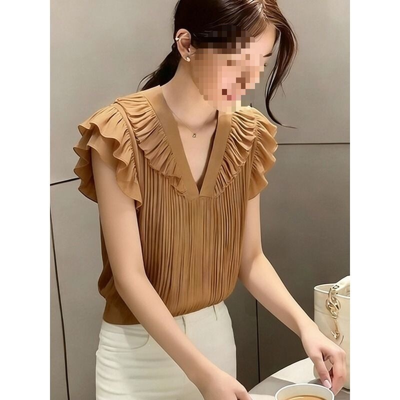 French-Style Elegant Brown Ruffled V-Neck Shirt for Women, 2026 Summer New Short and Beautiful Top for Petite Figures
