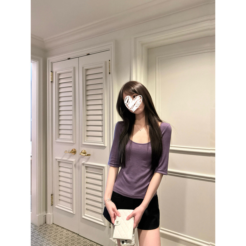 Yuyu Extremely Comfortable Tencel Wool/Acetic Acid Large U-Neck Mid-Sleeve T-Shirt for Women, Korean Style, Slim Fit Short-Sleeve Yuyu Extremely Comfortable Tencel Wool/Acetic Acid Large U-Neck Mid-Sleeve T-Shirt for Women, Korean Style, Slim Fit Short-Sleeve