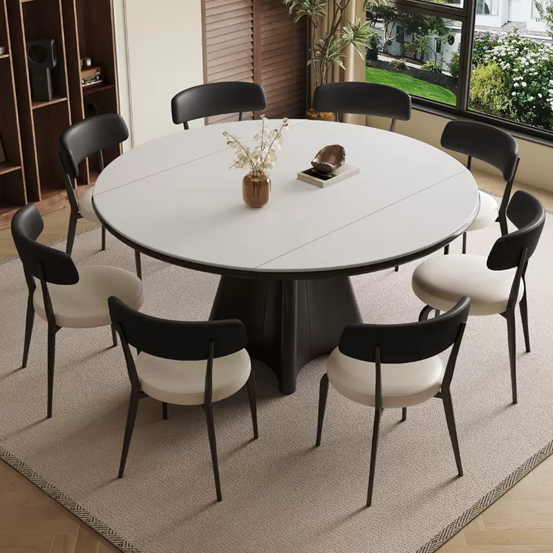 圆形岩板餐桌现代简约圆桌意式极简风轻奢桌子高端餐椅高级感家用