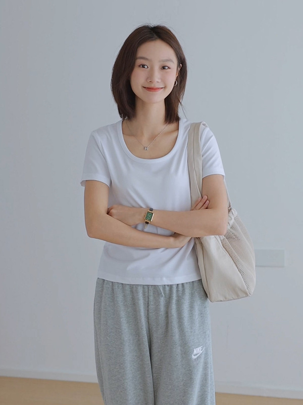莱赛尔天丝大圆领T恤女短袖正肩外穿显瘦露锁骨半袖体恤衫|undefined