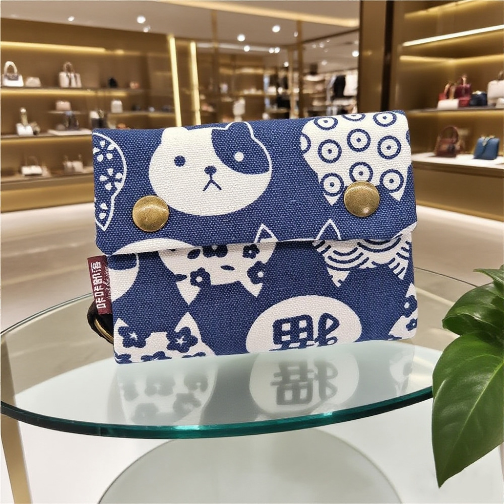 Cartera de lona de mezclilla triple con estampado de dibujos animados creativo, simple para hombres y mujeres, estuche para tarjetas de lona, estuche para llaves