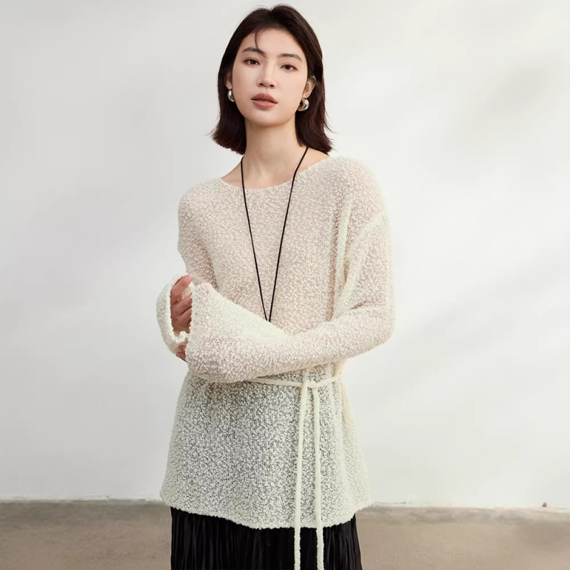 Casual Style Beaded Yarn Off-The-Shoulder Wool Knit Sweater 2026 New Women's Tie-Up Slightly Sheer Inner Wear Spring Top