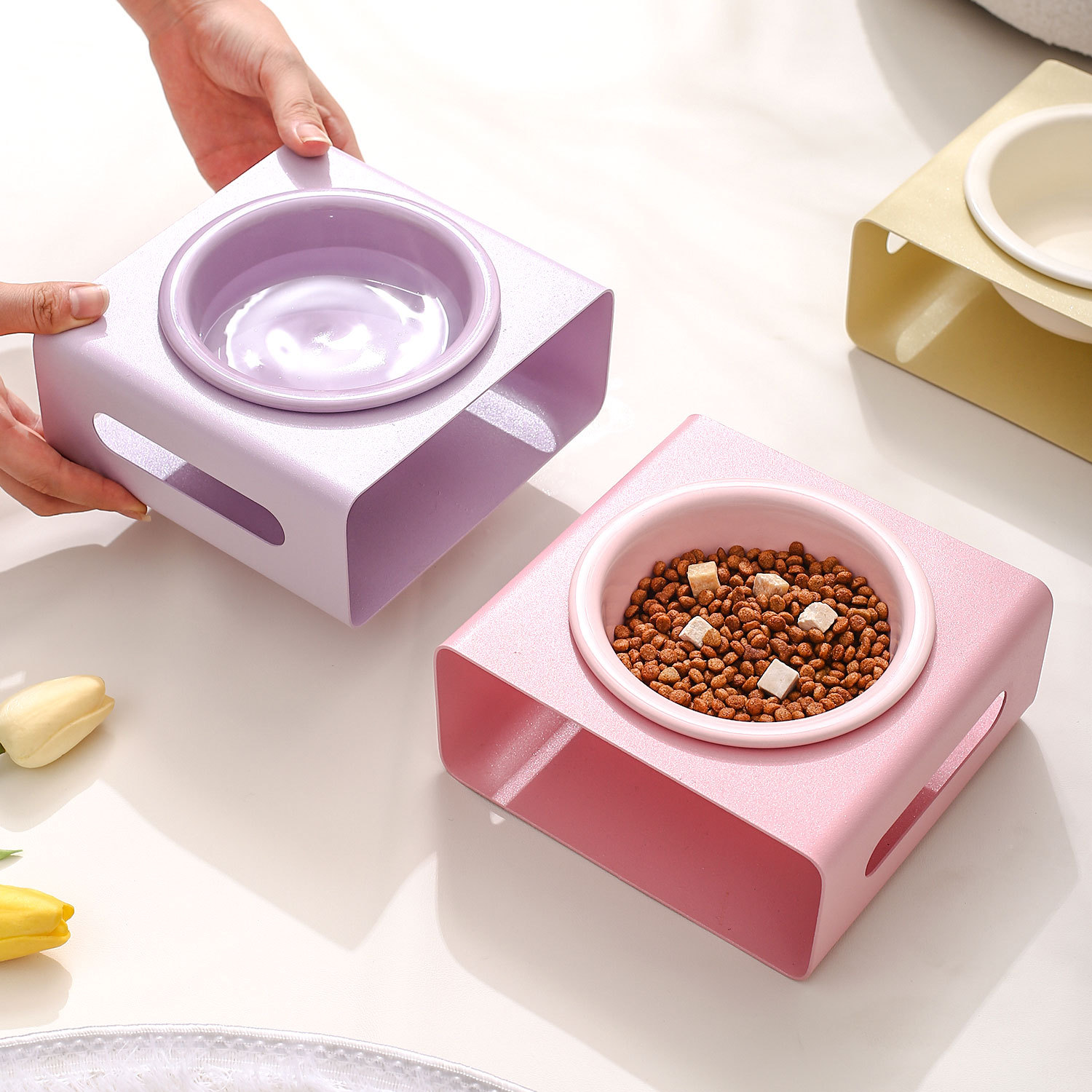 창조적 인 크림 스타일 가장자리 보호 애완 동물 그릇 그릇 그릇 가정용 고양이 그릇 개 그릇 고양이 그릇 세라믹 그릇 높은 목 보호 그릇