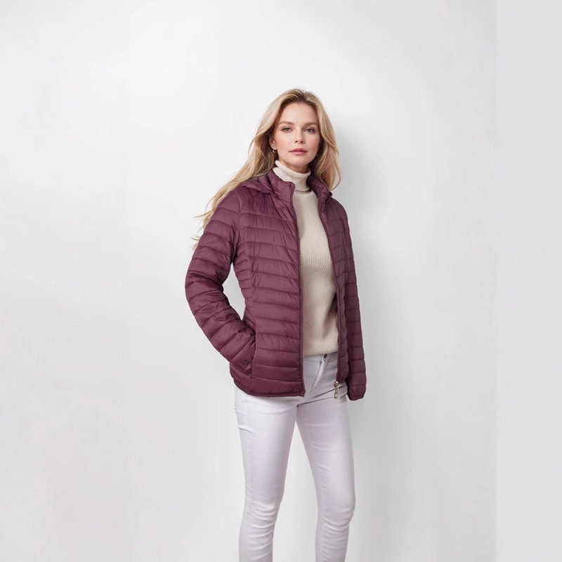 Women Fashion Ultra Light Padded Cotton Jacket Female Solid Color Lightweight Warm Coat with Detachable Wind Hood Storage Bag