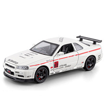 1:32泥桑GTR-R34赛道版合金车模回力声光车模展架赛车迷收藏摆件