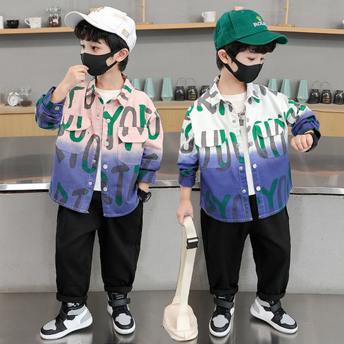Boys' Large Letter Gradient Shirt Set 2024 Spring and Autumn New Korean Style Cool Baby Boys' Foreign Trade Children's Clothing