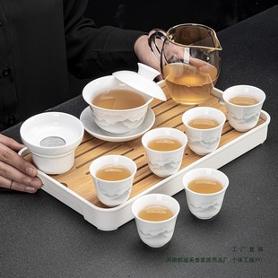 Suet-Fat Jade Porcelain Kung Fu Tea Set White Porcelain Home Office Hovering Tea Cover Bowl Ceramic Tea Cup Tea Tray Complete Set