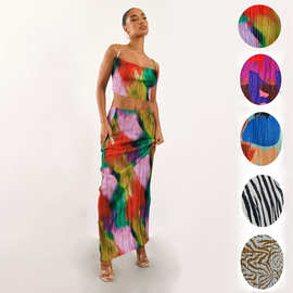 欧美跨境亚马逊爆款印花压褶两件套吊带女装上衣+修身长裙QM025