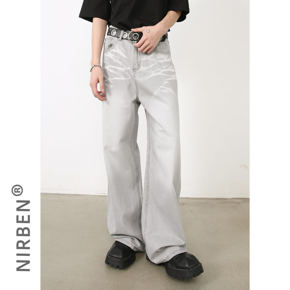 Quần jeans nam ống đứng rộng cạp vừa phong cách Hàn, vải denim râu mèo — Xanh lam nhạt, Xám nhạt
