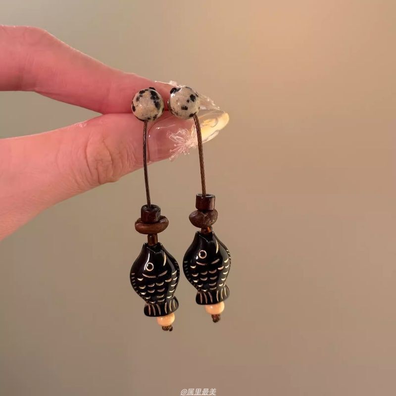 萍间戏月~新中式复古小鱼耳环女禅意耳钉古风小众设计感耳坠耳饰|undefined