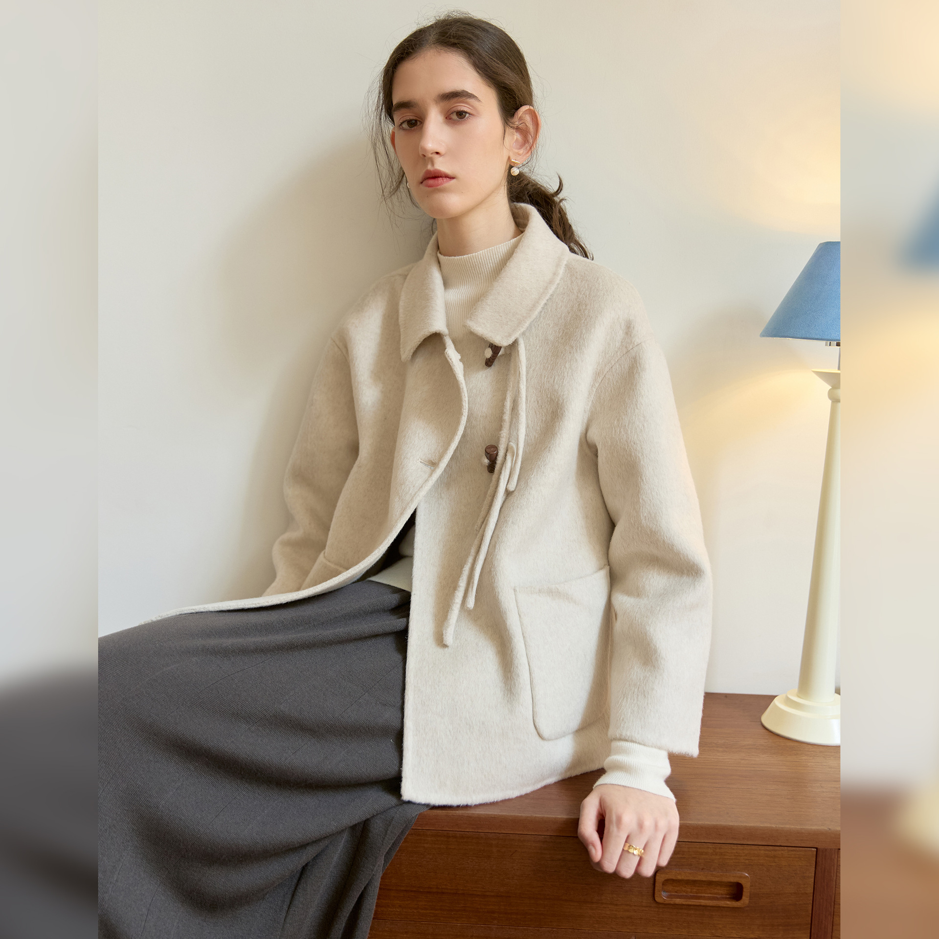 New winter color-blocked asymmetrical overlapped placket wool warm and simple coat for women with lapel wool cardigan