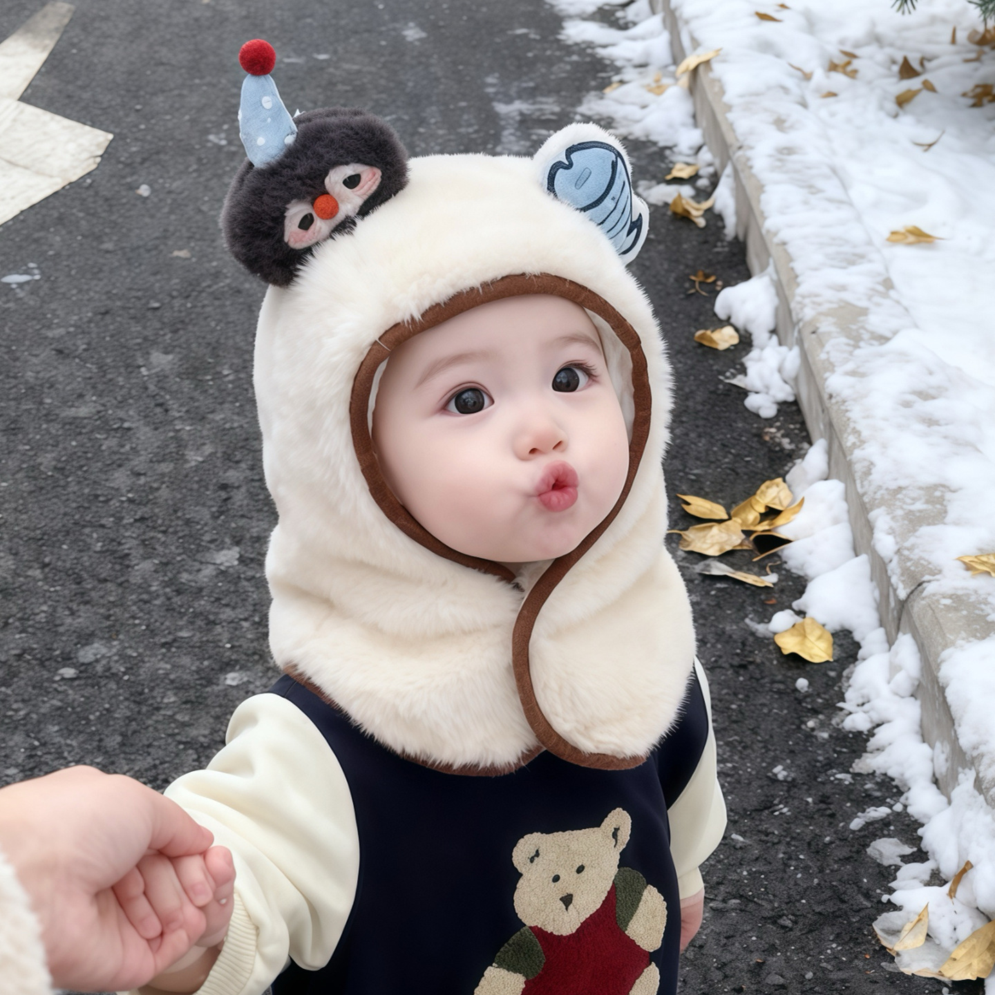 宝宝帽子冬季毛绒帽围脖一体帽婴幼儿加厚保暖护耳防风帽可爱卡通