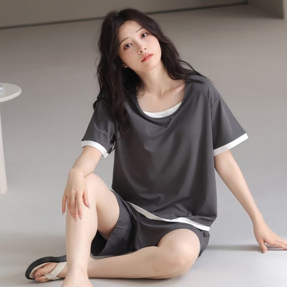 Modal Cotton Pajamas with Chest Pad Women's Summer Thin Round Neck Short Sleeve Shorts Outwear Simple Solid Color Home Clothes