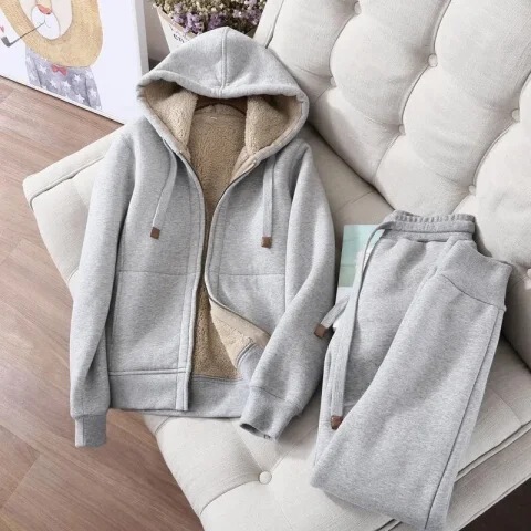 Sports Casual suit Women's Winter fleece-lined Thickened Simple Solid Color Slimming Long Sleeve Hooded Short Jacket Trendy Sports Pants