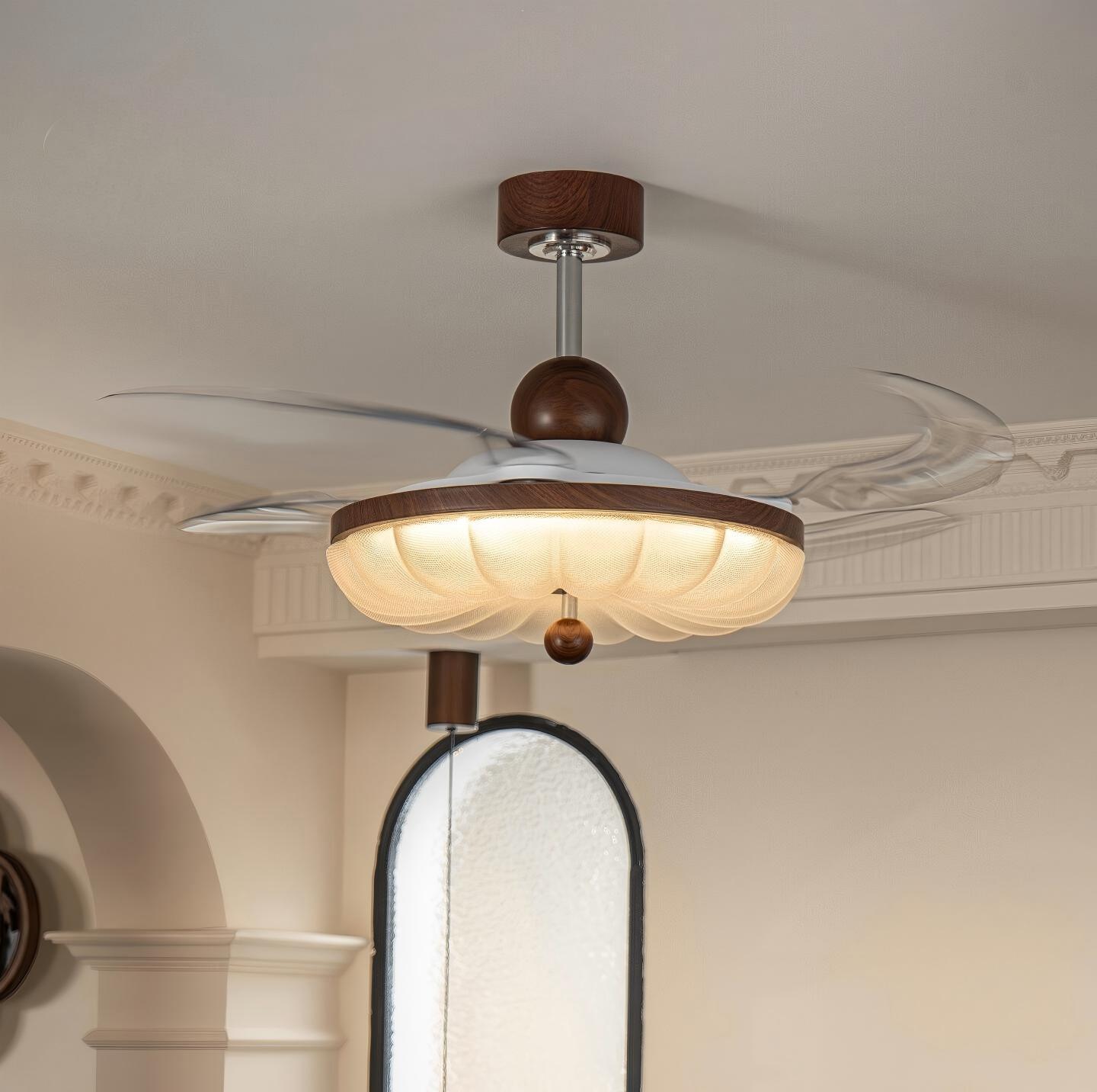 New Chinese Restaurant Fan Lamp Retro Style Study Silent Fan Walnut Color Bedroom Eye Protection Invisible Ceiling Fan Lamp