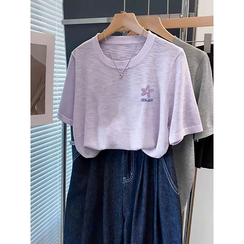 2026 New Summer Snowflake Cotton Simple Printed Fashionable Versatile Purple Regular Shoulder Short-Sleeve Women's T-Shirt Top