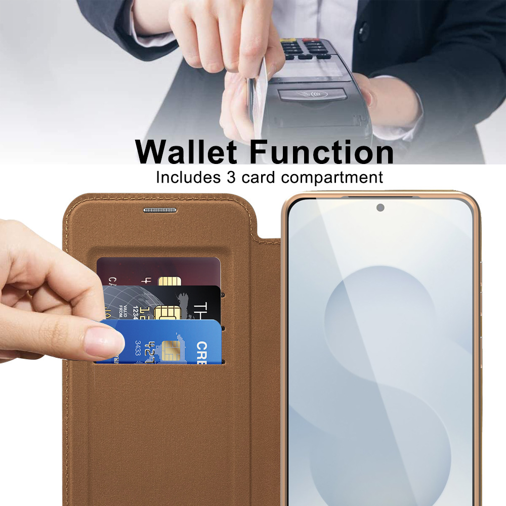Adecuado para Samsung S25Edge Golden Shield Magnetic Business Cube Funda de cuero S24FE Tarjeta de enchufe Película de lente Flip Funda para teléfono a prueba de caídas