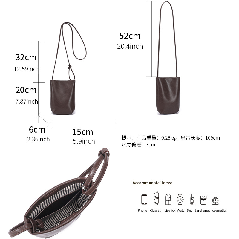 Genuine Leather Vintage Shoulder Crossbody Bag Mobile Phone Bag For Women 2025 Summer New High-End Bucket Bag Small Commuter Bag - Thumbnail 4
