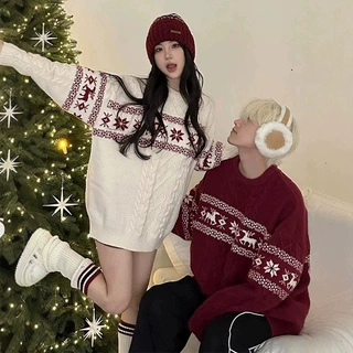 美式高街氛围感新年圣诞圆领毛衣秋季宽松百搭保暖情侣针织衫上衣