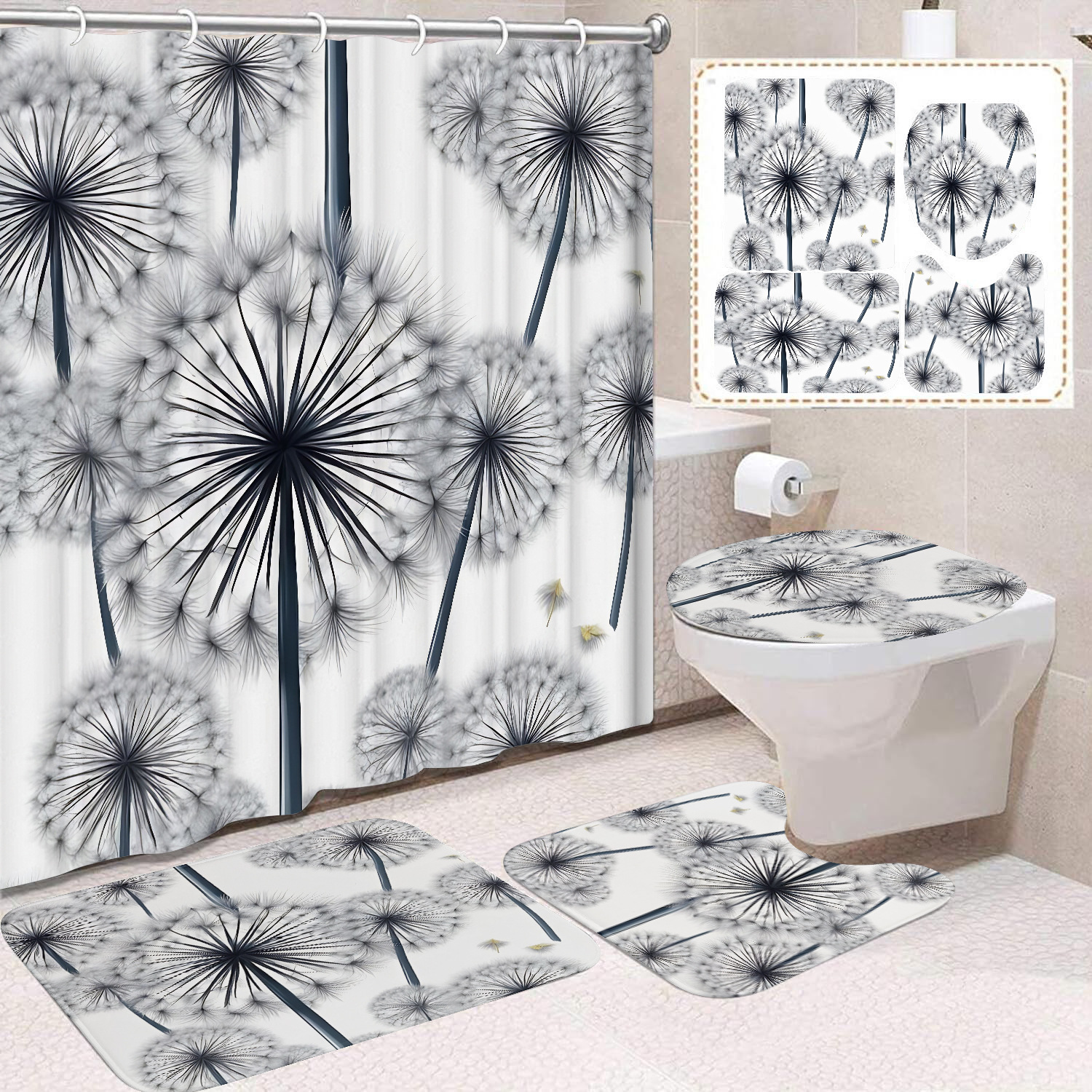 Flor blanca cortina de baño inodoro cortina de partición impermeable de baño cortina de lavado separación seca y húmeda cortina de puerta colgante sin agujeros