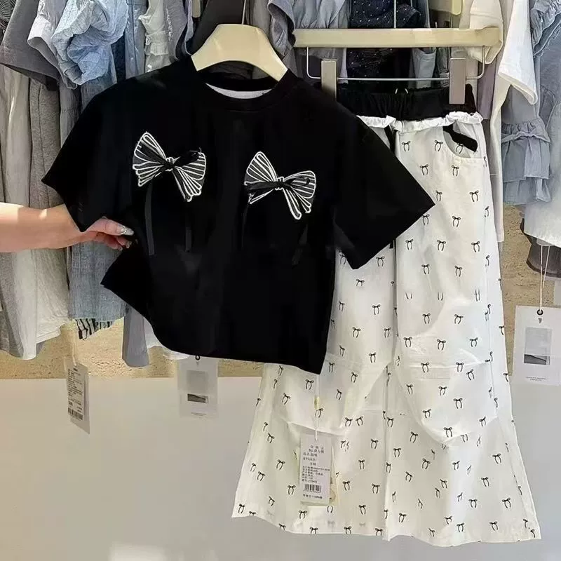 Летний комплект, детская футболка с коротким рукавом и бантом, брюки, западный стиль, свободный крой