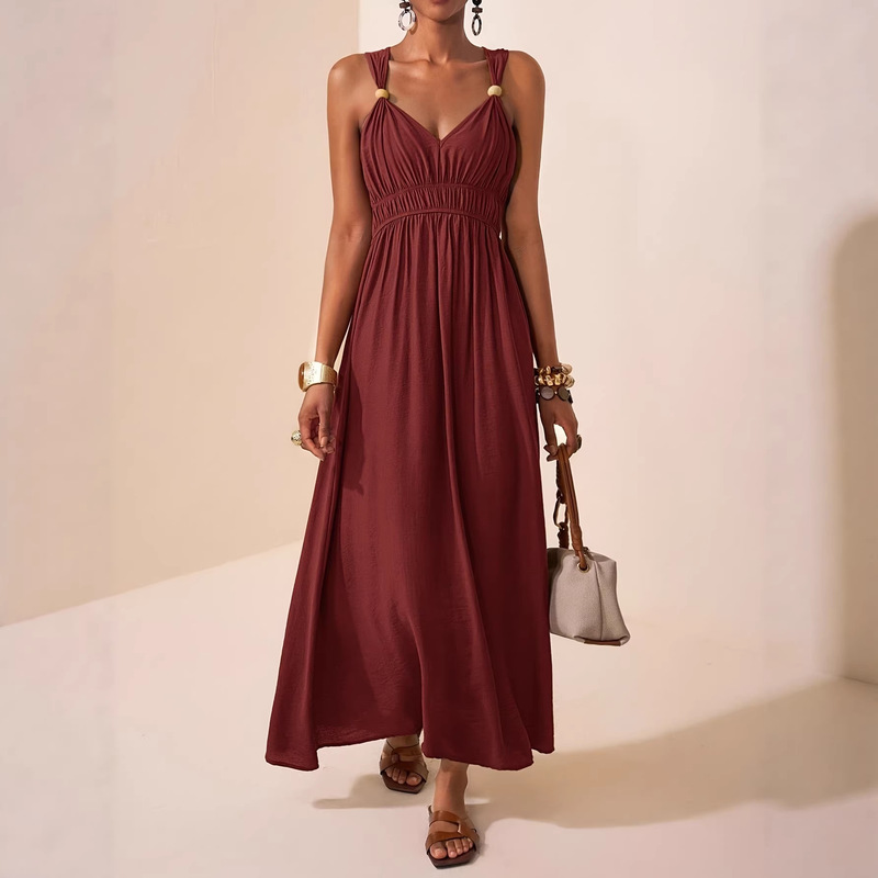 2026 Cross-Border Amazon Spring and Summer New Long Sleeveless Spaghetti Strap Deep V-Neck Elegant Flared A-Line Dress