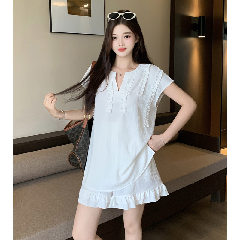 2025夏装新款胖mm大码女休闲飞飞袖木耳边短袖短裤气质减龄套装|undefined