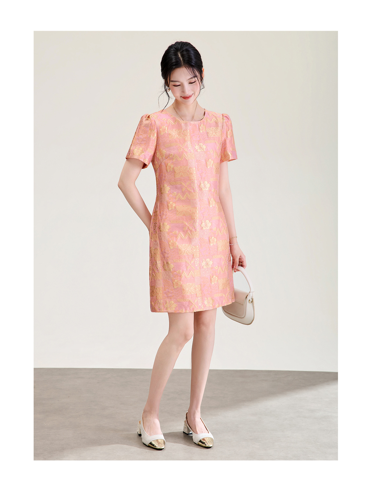 Đầm chữ A nữ jacquard họa tiết hoa nhí phong cách tiểu thư — màu hồng chi tiết 12