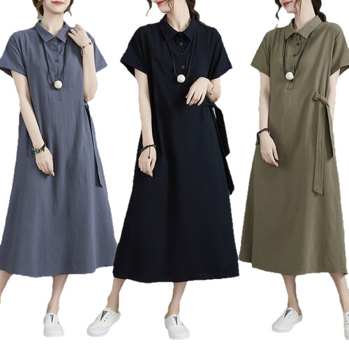 Cross-border new style Japanese solid color cotton and linen lapel short-sleeved loose pocket women's casual dress