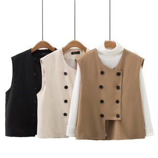 2023 Autumn New plus size fashion waistcoat for fat girls age-reducing slimming double-breasted round neck vest coat 609