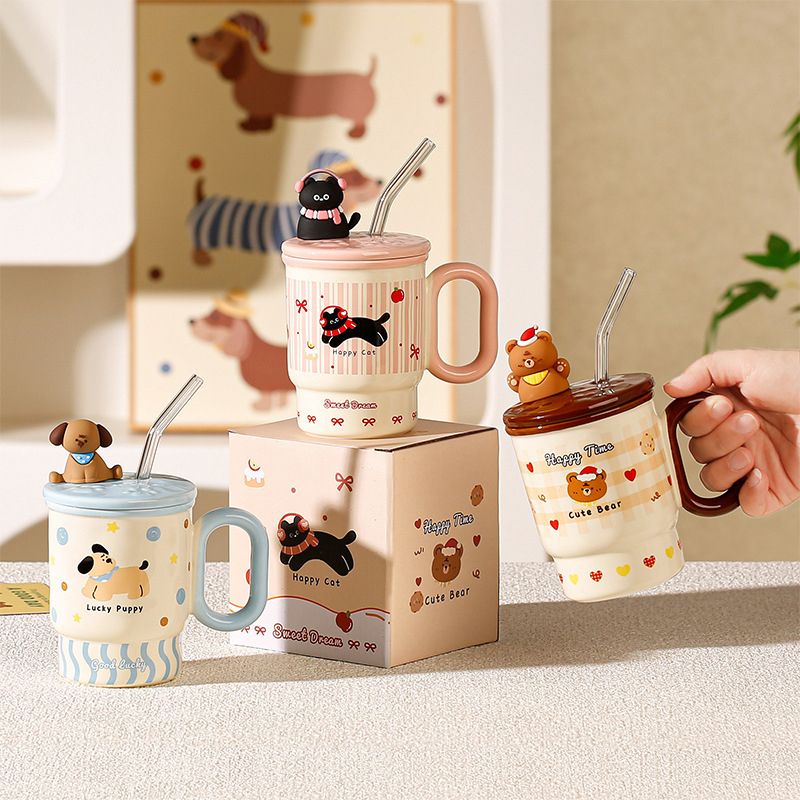 遊び心のあるかわいい動物ストローセラミックウォーターカップオフィス蓋付き大容量マグ誕生日プレゼントお土産|undefined