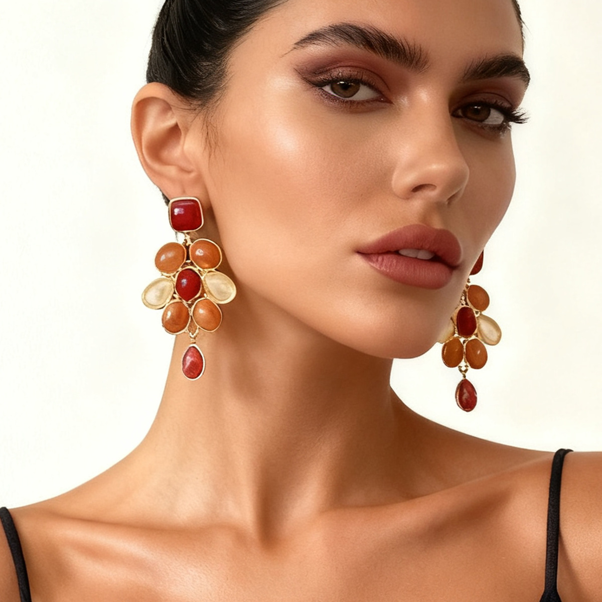 Cross-Border European and American Retro Maillard Geometric Resin Gemstone Square Drop-Shaped Contrasting Color Earrings for High-End Light Luxury Women