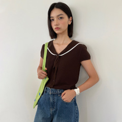 Fu 韩系女生~海军领短袖针织衫秋季女2025新款简约小宽松上衣1099
