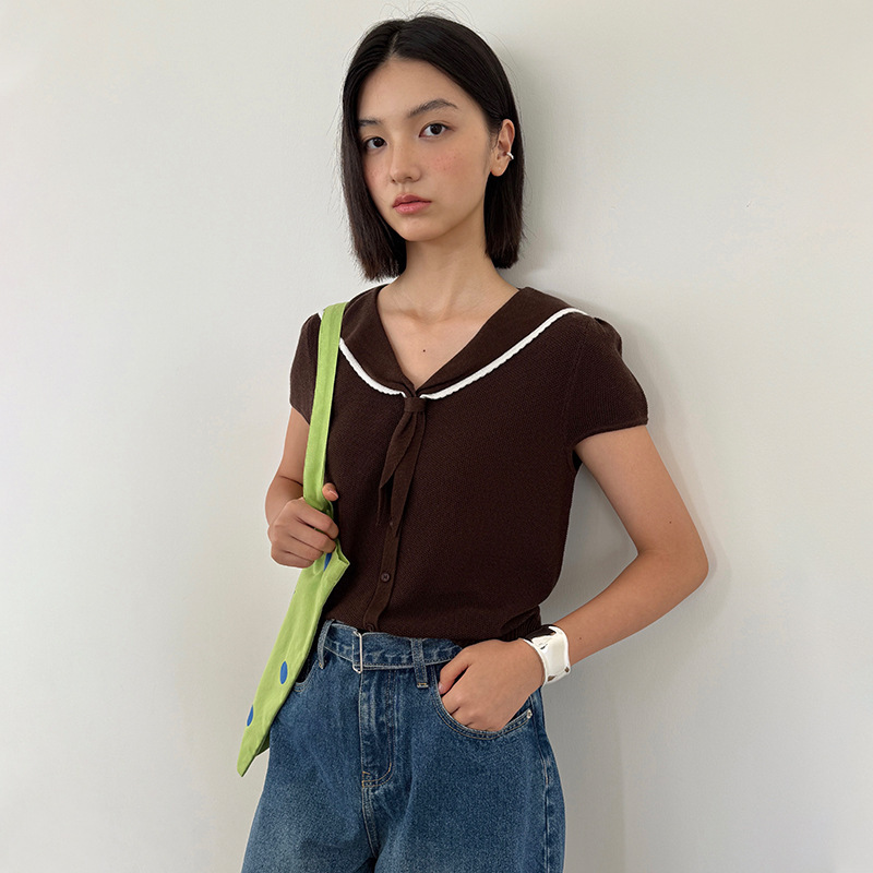 [Clearance, No Returns] Navy Collar Short Sleeve Knitted Sweater for Women, Autumn 2025 New Style, Simple Loose Top 1099