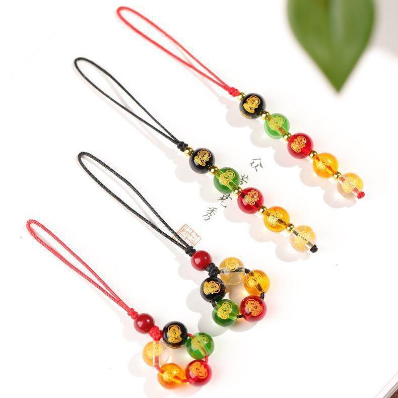 五路财神玻璃烫金手机挂件汽车钥匙扣琉璃吊坠男女情侣款饰品礼物