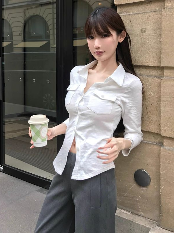 気質純欲風セクシー襟長袖シャツ女性春夏修身ウエストシャツ白いカーディガン上着クロスボーダー