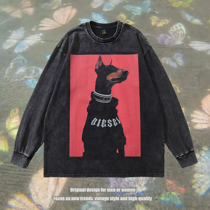 XFM прилив, европейский и американский высокий уличный добермий с принтом, вымытый ретро футболка с длинными рукавами мужской топ oversize