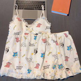 Bubble Wrinkle Sling Pajamas Cute Cartoon Crayon Shin-in Girl's Heart Sweet Two-Piece Internet Celebrant Live Home Clothes