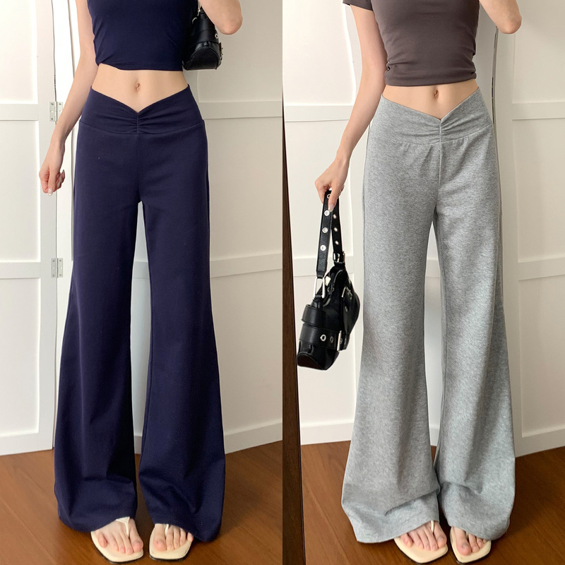 Navy Blue Korean-Style Pleated V-Waist Flared Pants for Women, Summer 2026 New Low-Waist Loose Slimming Flared Casual Pants
