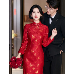长袖旗袍敬酒服结婚当天新娘便装中式回门红色礼服订婚礼高端大气