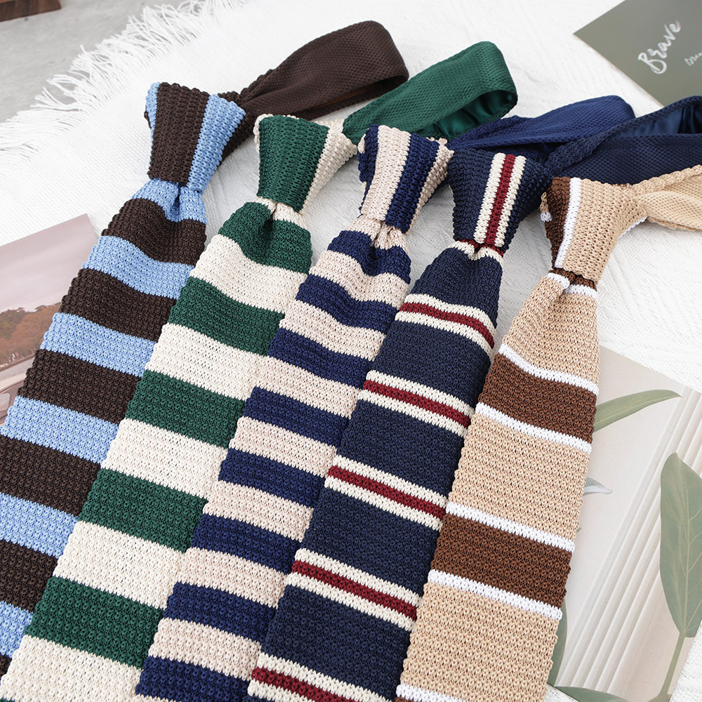 时尚潮流英伦休闲窄版平头针织领带男女通用毛线条纹领带现货批发