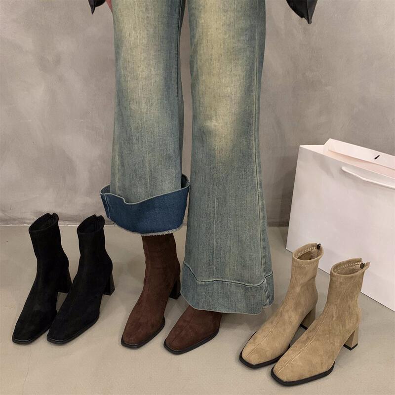 High-Heeled Korean-Style Ankle Boots, Suede Martin Boots, Women's Shoes, 2024 Autumn and Winter Square-Toe Slim Short Boots, High-Heeled Short Boots High-Heeled Korean-Style Ankle Boots, Suede Martin Boots, Women's Shoes, 2024 Autumn and Winter Square-Toe Slim Short Boots, High-Heeled Short Boots