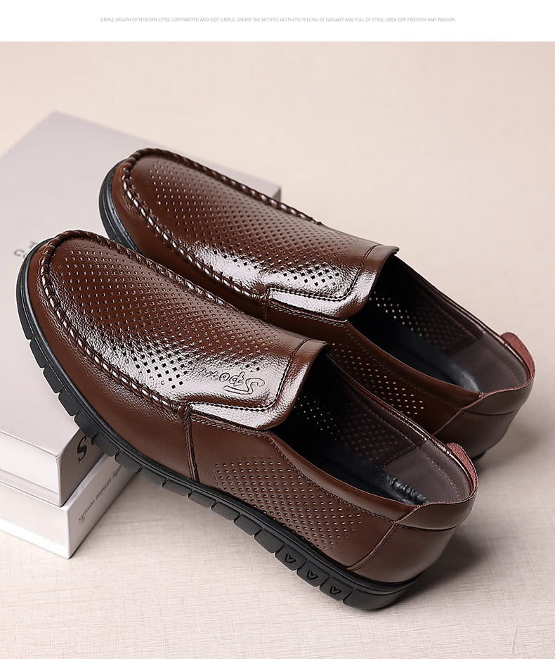 Dép sandal nam da bò thật thoáng khí lỗ rỗng, đế cao 1-3 cm, kiểu mùa hè — nâu, đen chi tiết 25