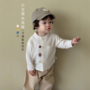 Children's Fashion Label Shirt 2025 New Autum Boys' Style Korean Style Pure Color Shirt Baby Stand Collar Autum Clothing