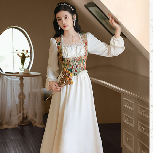 French-style court dress with vintage floral patterns, slimming, sweet and sophisticated, milky tea break escape princess dress