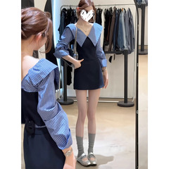 小众复古撞色条纹拼接长袖上衣衬衫女2025新款半身裙短裙两件套装
