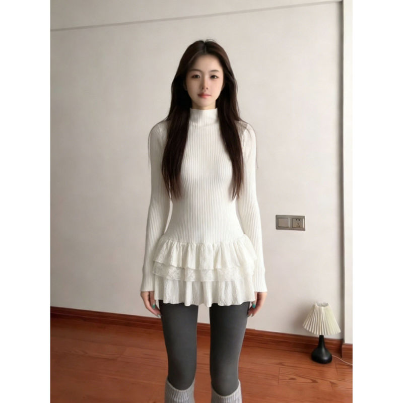 Korean-style half-high collar long-sleeve women's t-shirt, new autumn and winter model, multi-layered lace, slim-fit inner layer base shirt Korean-style half-high collar long-sleeve women's t-shirt, new autumn and winter model, multi-layered lace, slim-fit inner layer base shirt