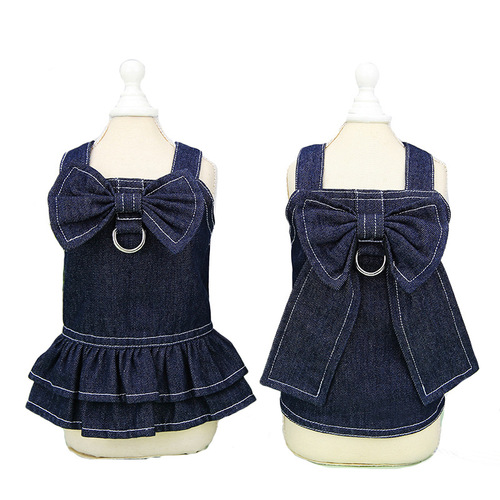 Spring and summer pet clothes, large bow tie, denim suit with hanging leash, Pomeranian pet dog, does not include leash